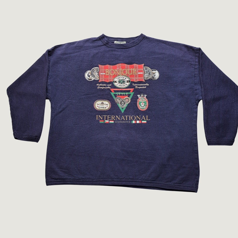 Bonjour Graphic Sweatshirt Unisex 26/28 Navy Blue Good Vintage 90s Made in USA